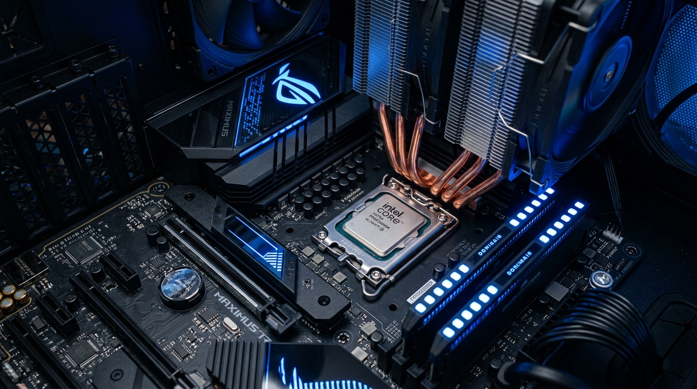 Intel Core Ultra desktop processor socketed on high-end motherboard