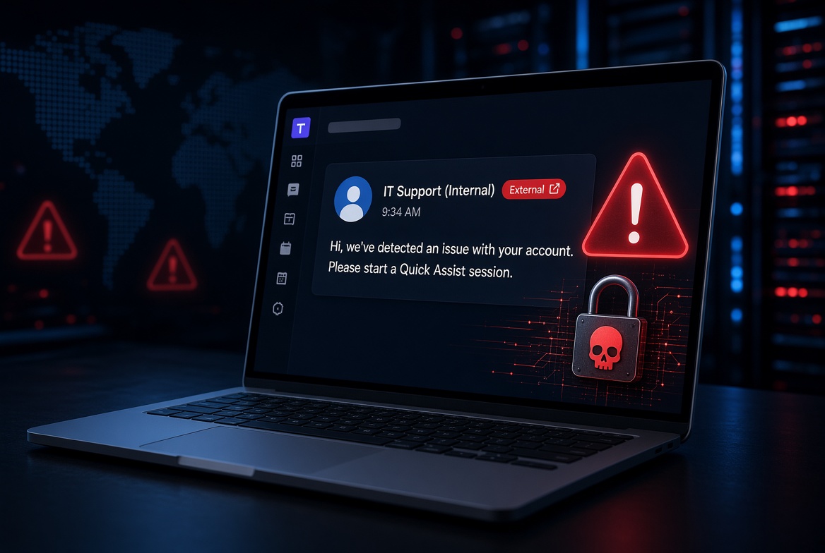 Microsoft Teams IT support scam fake help desk alert on laptop screen