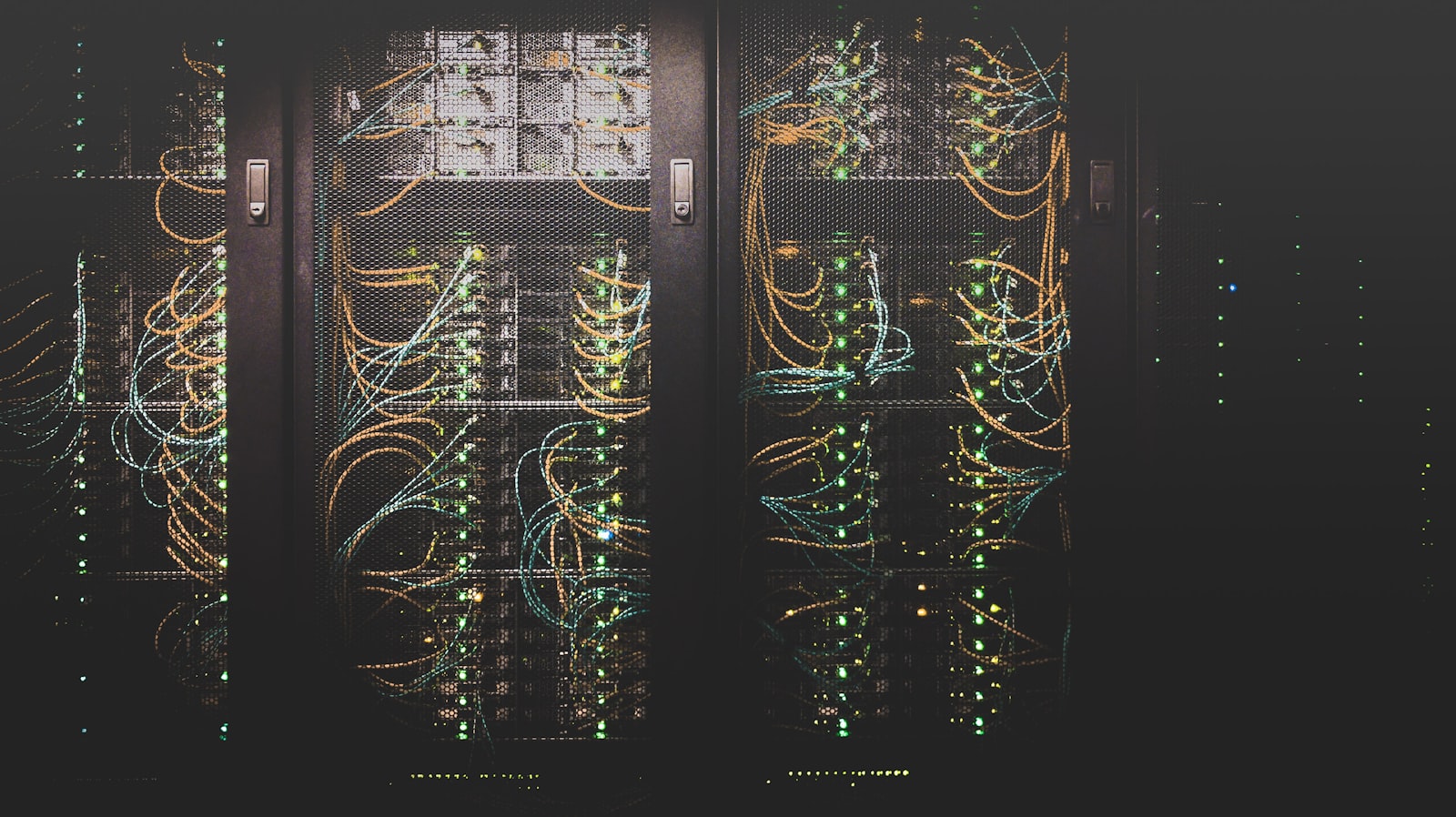 Server rack blinking LEDs in enterprise cybersecurity data center