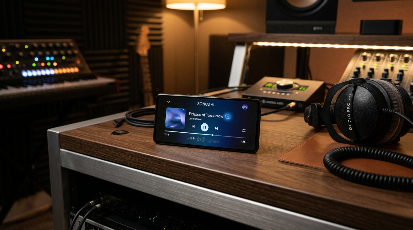 YouTube Music player with generative AI label badge next to song title
